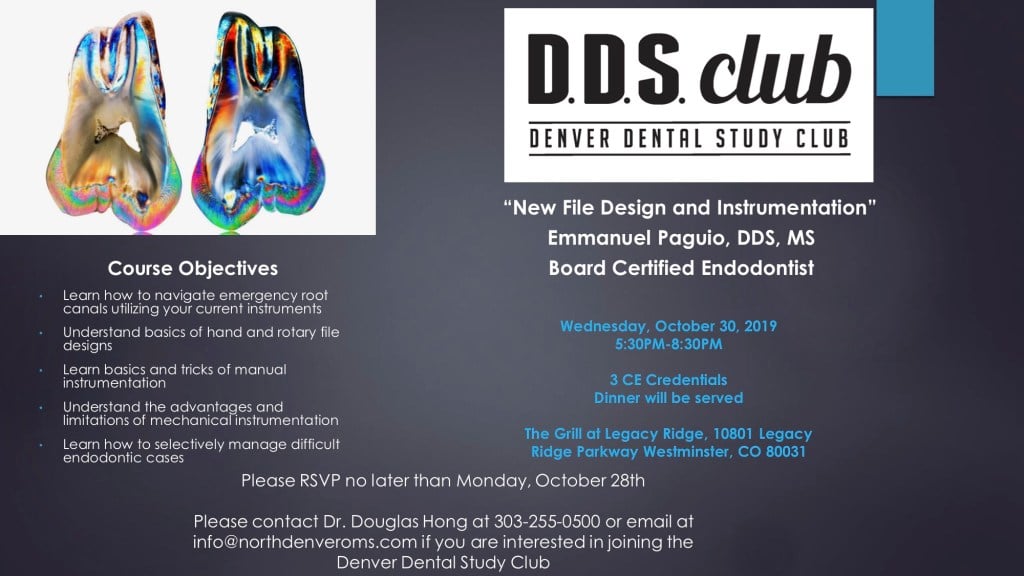 Denver Dental Study Club meeting invite for the October 30, 2019