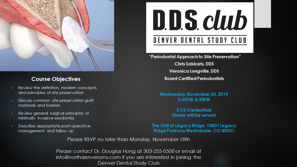Denver Dental Study Club meeting invite for the November 20, 2019